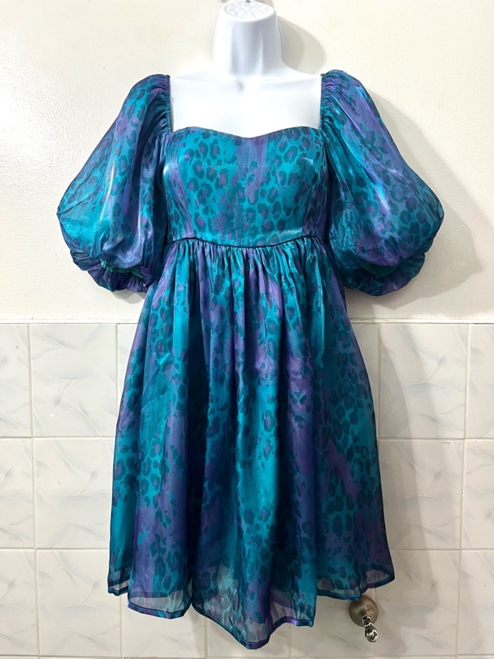 Leopard Puff Sleeve Teal Purple Babydoll Mini Dress S Coquette Mermaid Whimsical